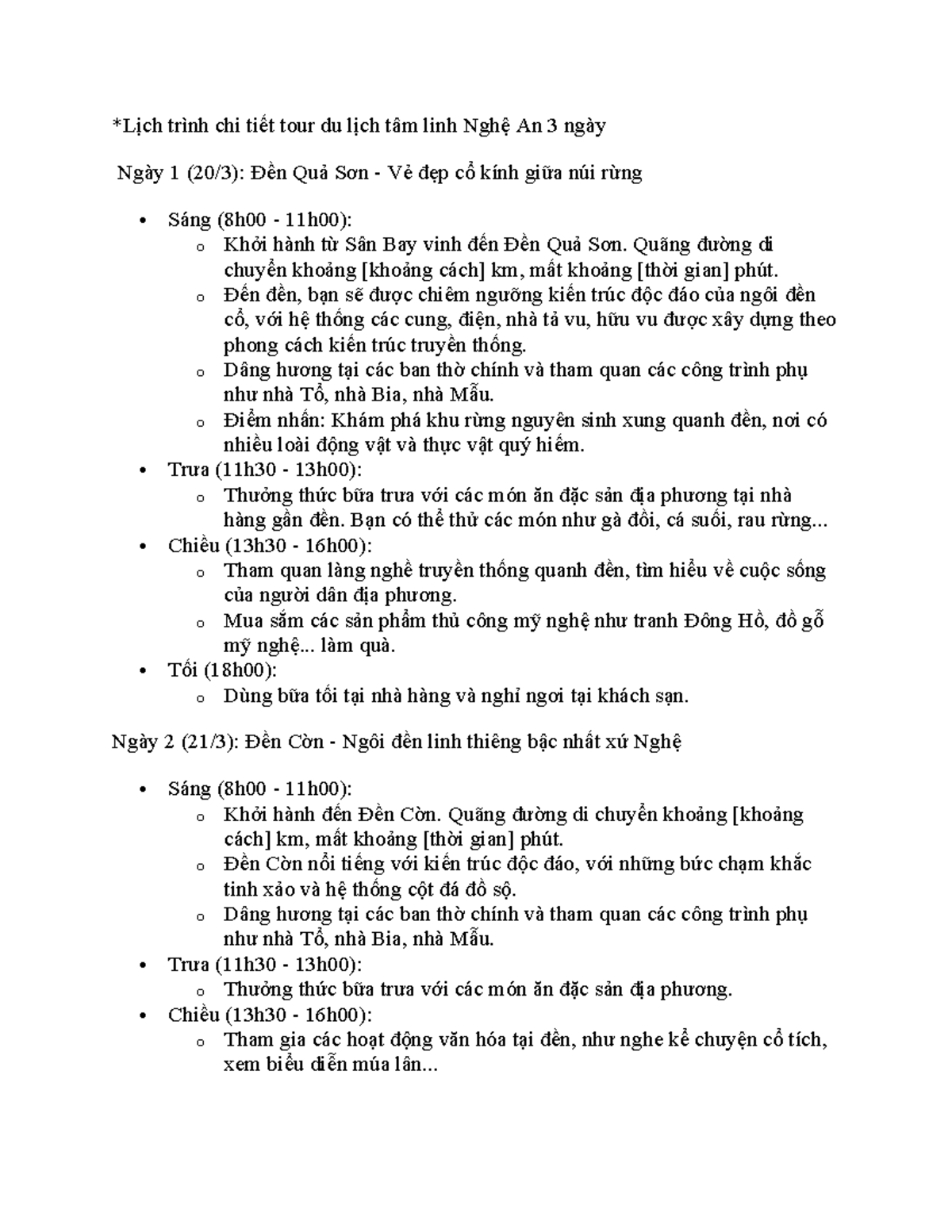 Lịch trình chi tiết tour du lịch tâm linh Nghệ An 3 ngày *Lịch trình