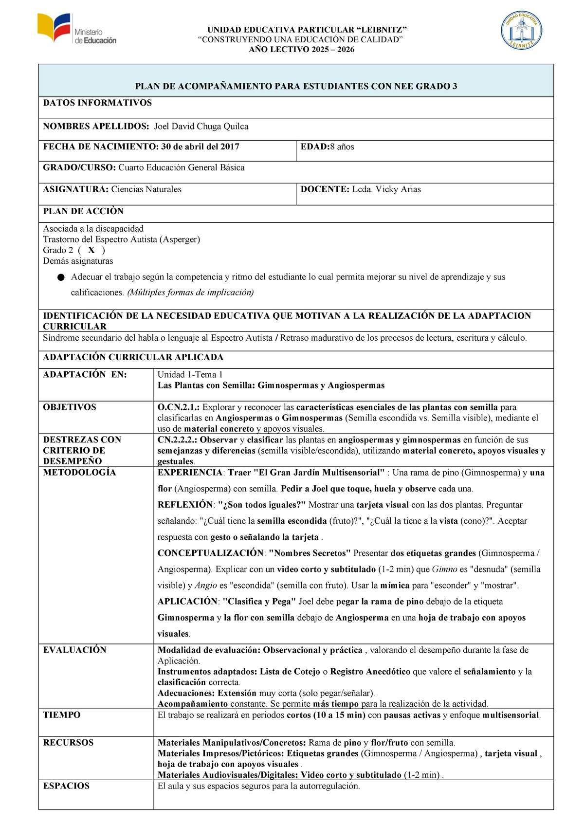 NEE3-U1-T1 - Plan de Acompañamiento para Estudiantes con NEE Grado 3 ...