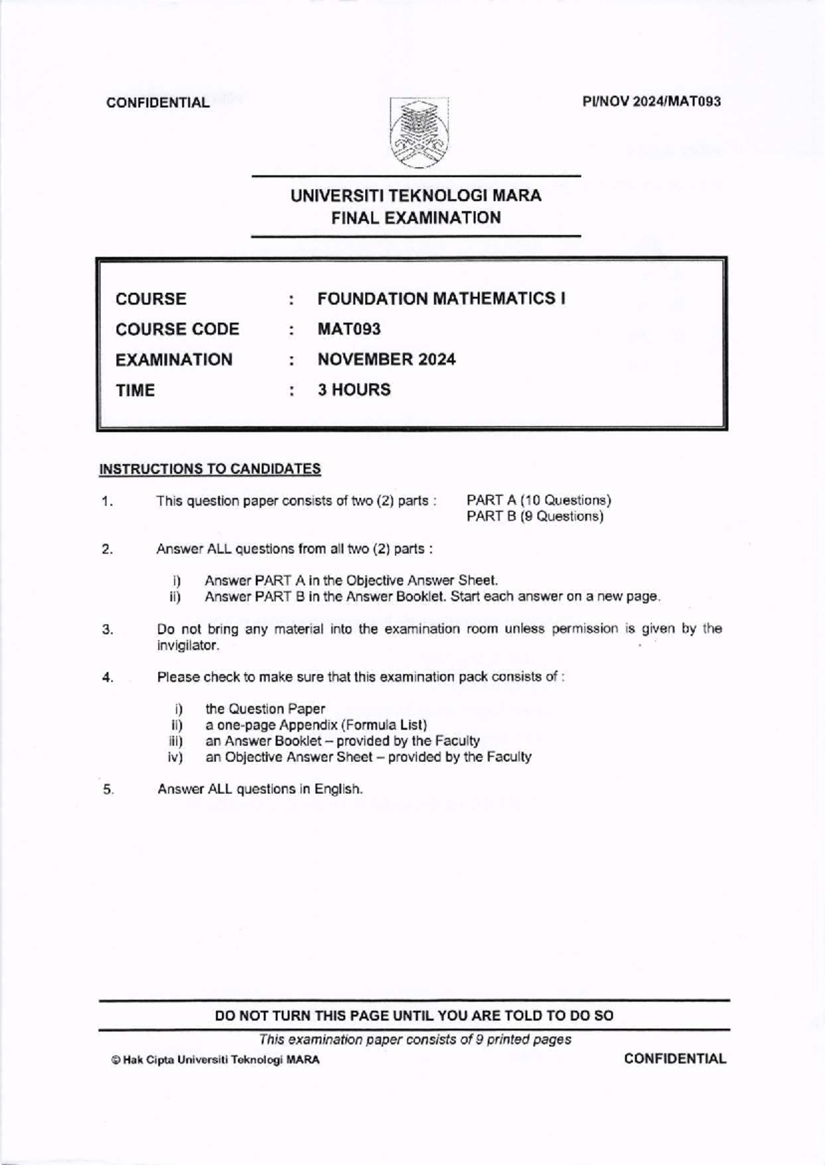 MAT093 Nov 2024 - Final Examination Paper for Foundation Mathematics I ...
