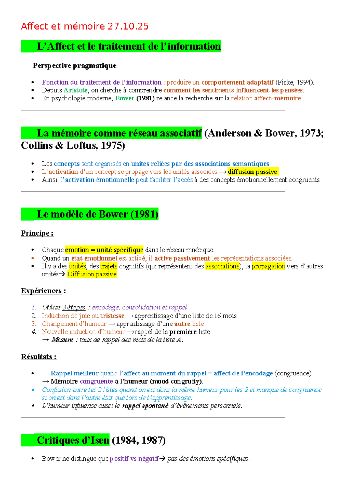 Affect et Mémoire 27 - Notes de Cours 5 sur le Traitement Émotionnel ...