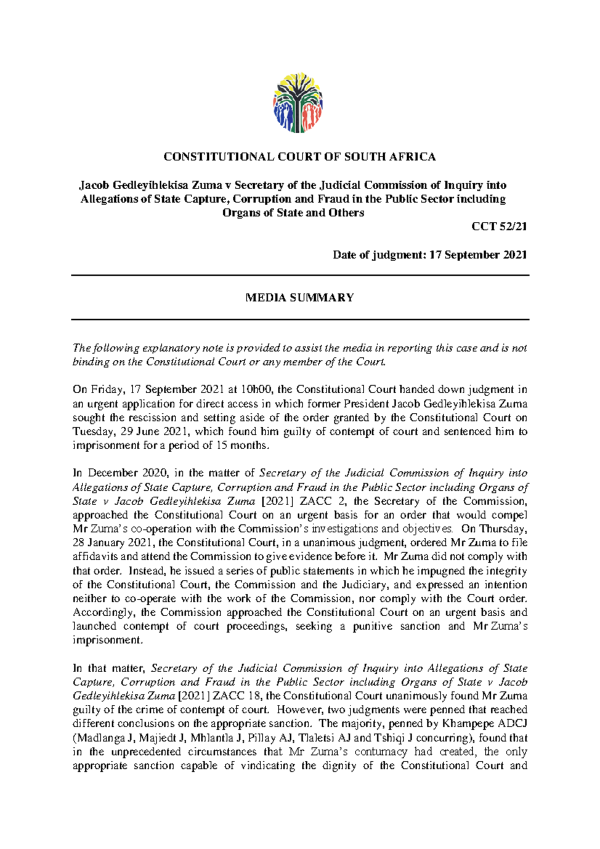 Jacob Zuma Case Summary - Judicial Overreach Explained (CCT 52/21 ...