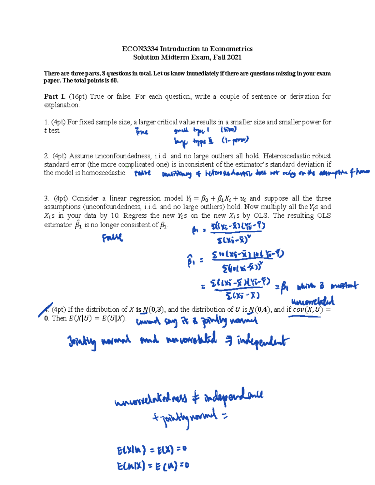 ECON3334 Midterm Exam Solutions: Introduction to Econometrics - Studocu