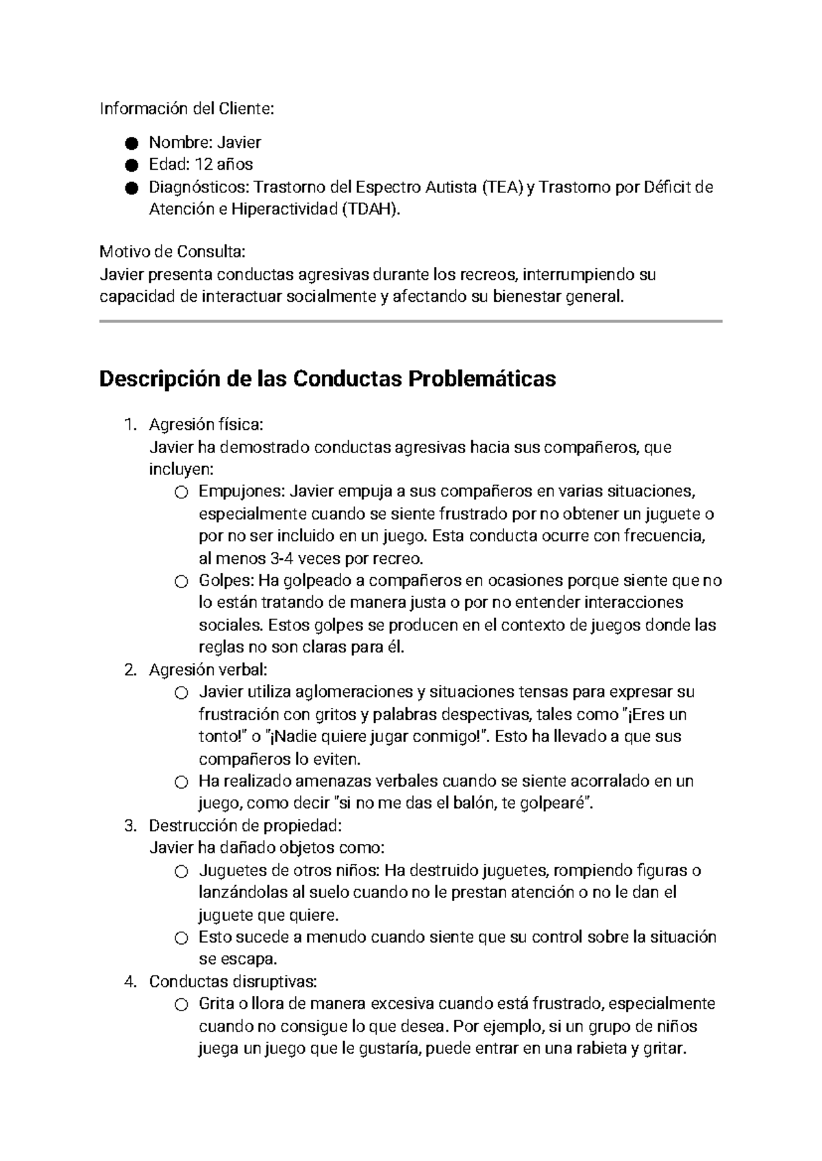 Informe de Conductas Problemáticas y Análisis Funcional de Javier (TEA ...