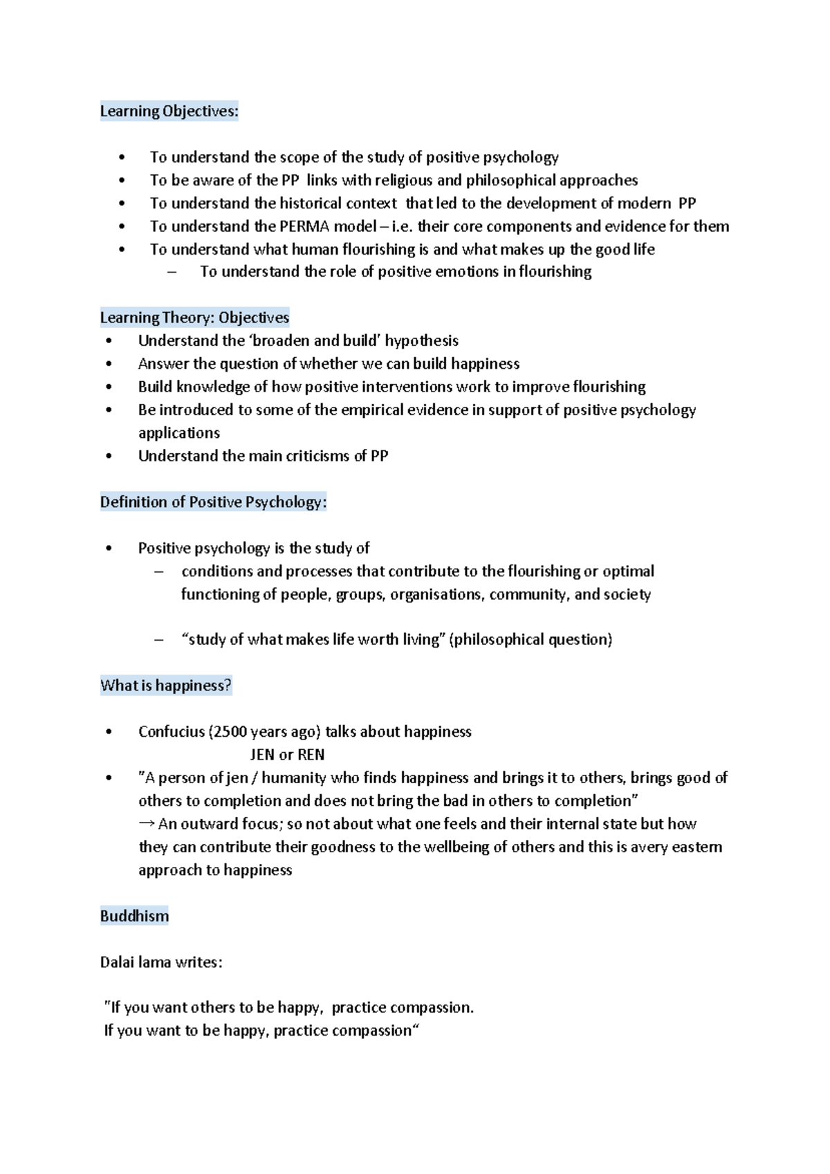 Positive Psychology - Lecture notes 1-4 - Learning Objectives: To ...