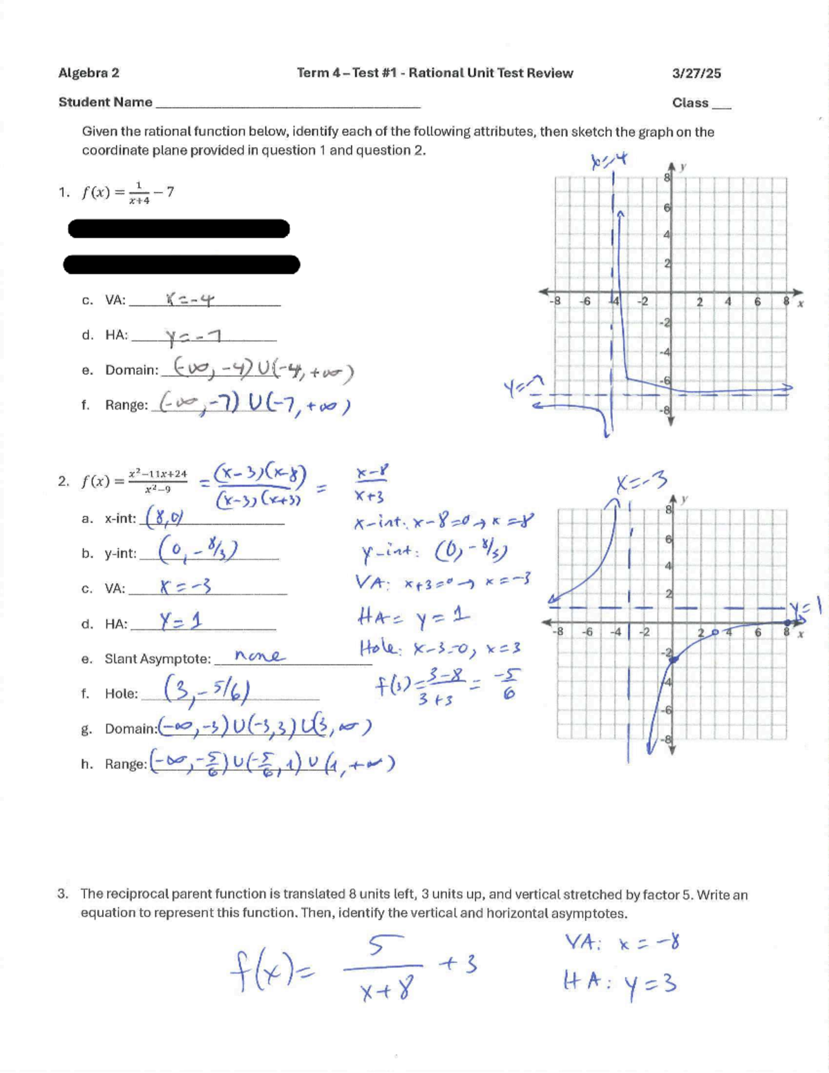 Algebra 2 (MATH 201) Term 4 Rational Functions Test Review - Studocu