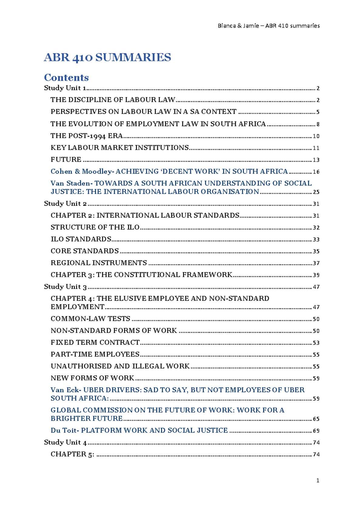 ABR 410 Summaries of Study Units 1-5: Labour Law Insights - Studocu