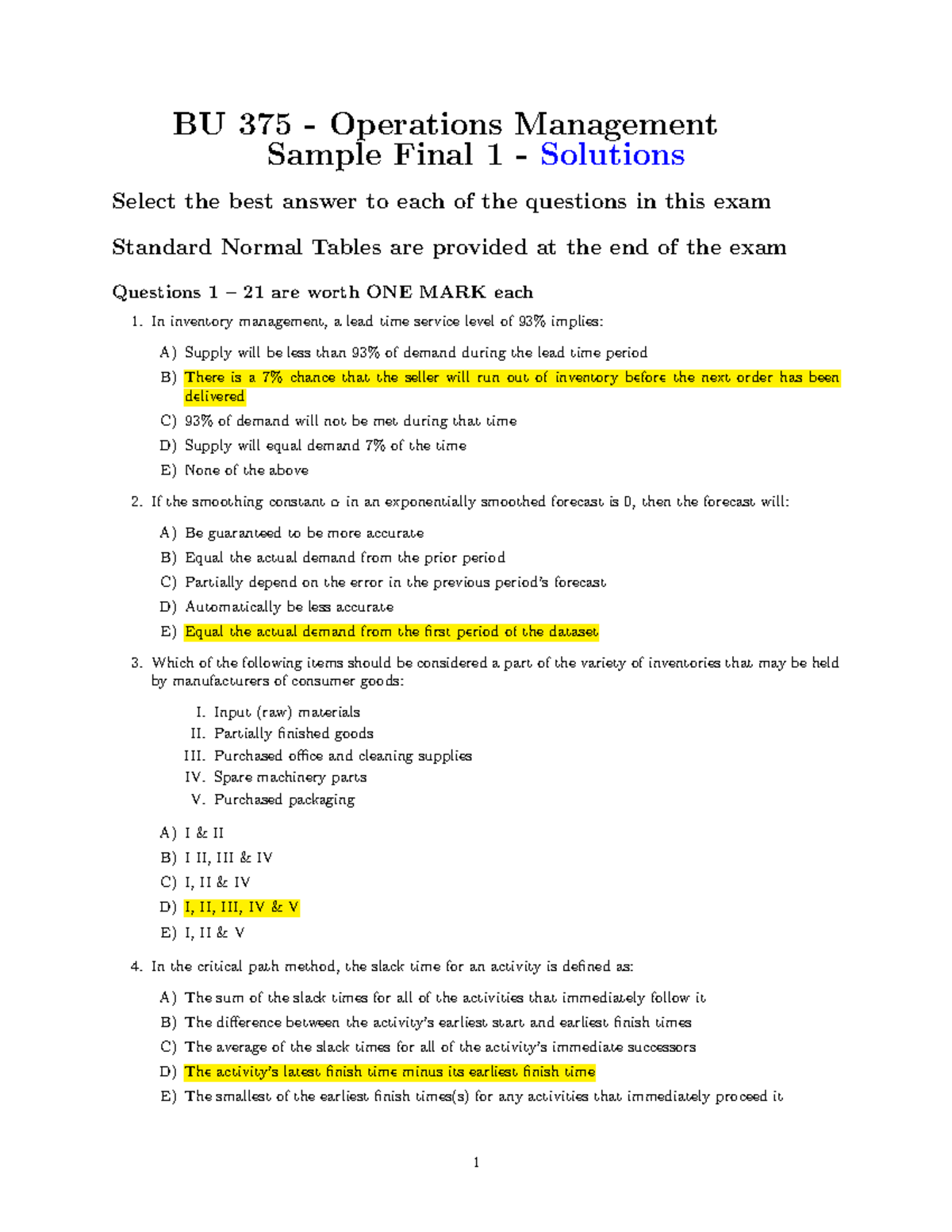 Sample Final Exam Solutions for BU 375 Operations Management - Studocu