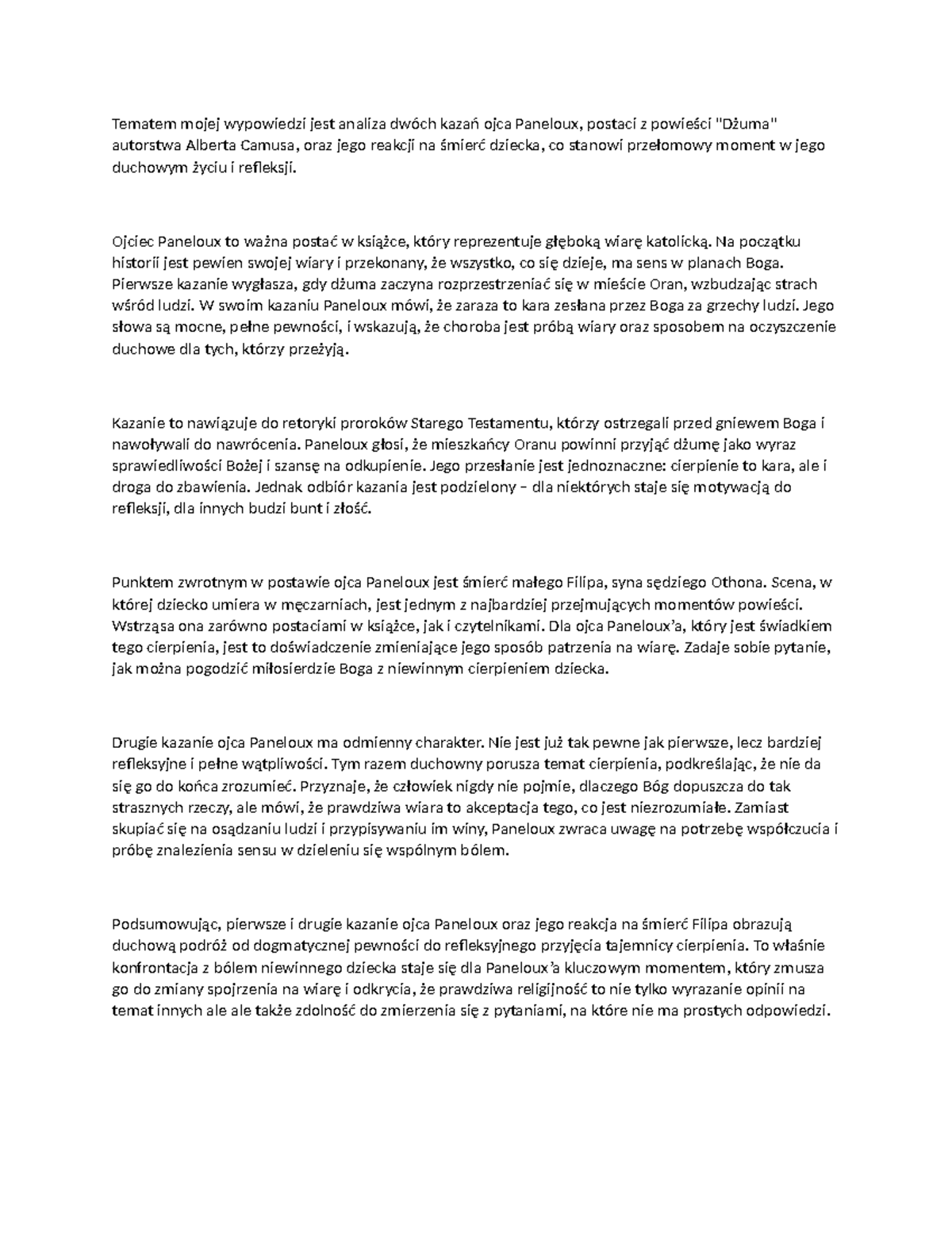 Analiza kazań ojca Paneloux'a z 