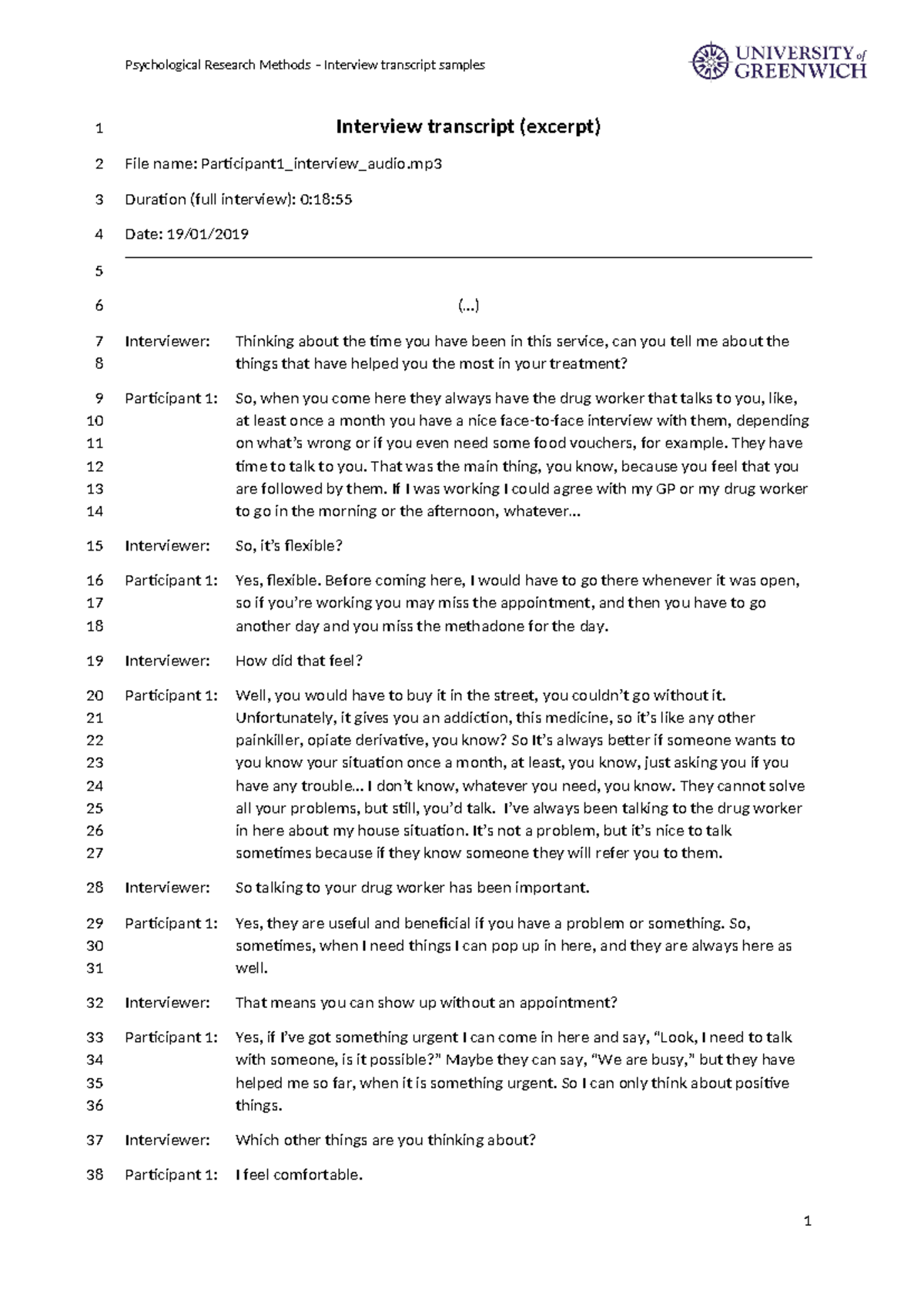 Psychological Research Methods - Participant 1 Interview Transcript ...