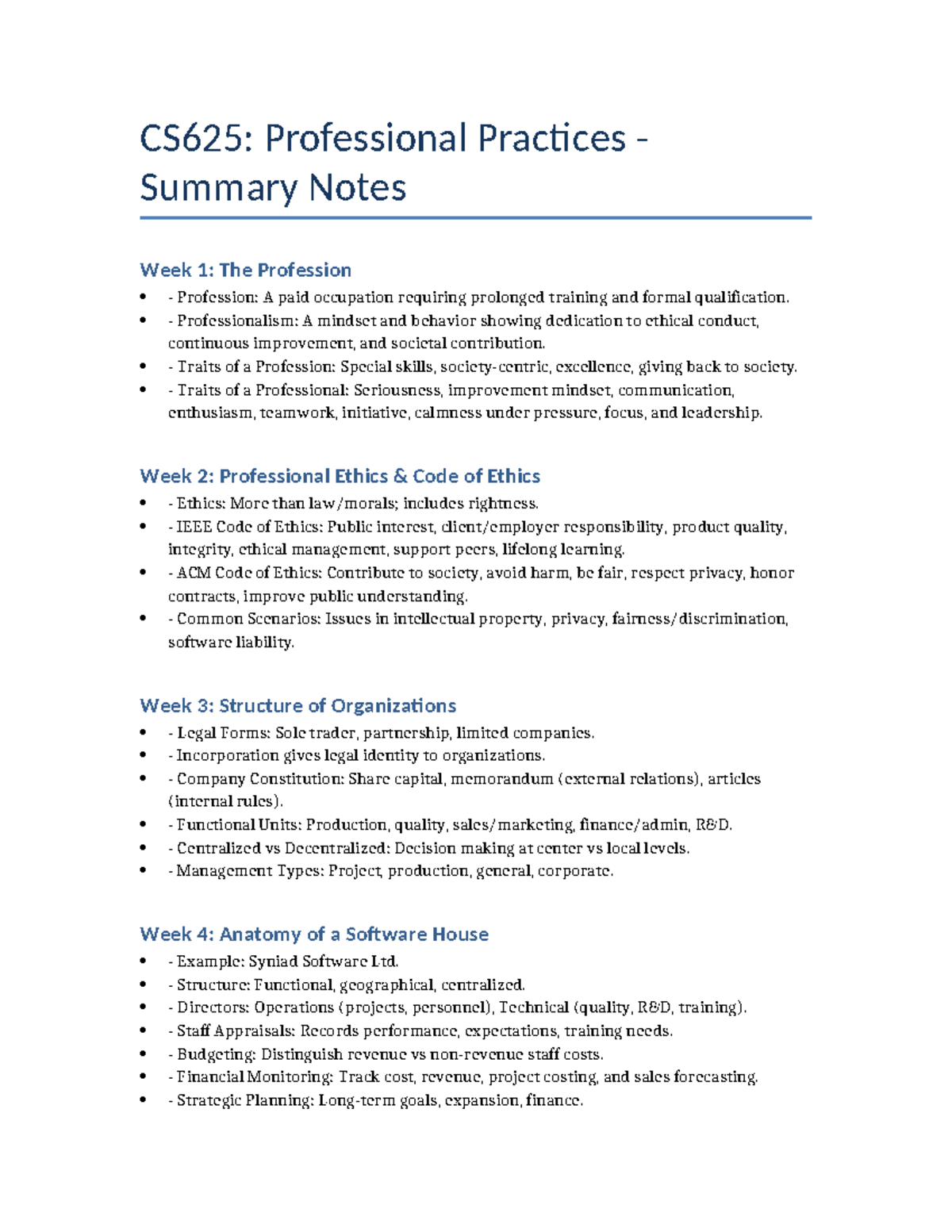 CS625: Professional Practices Summary Notes Weeks 1-6 Overview - Studocu