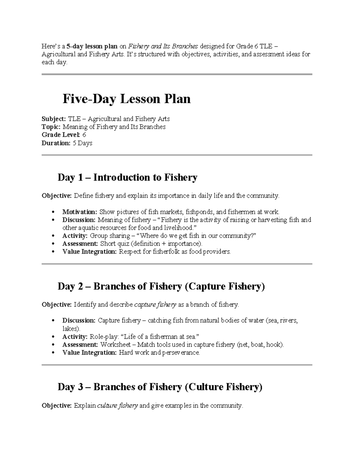 Lesson Plan: Fishery and Its Branches for Grade 6 TLE (W1) - Studocu