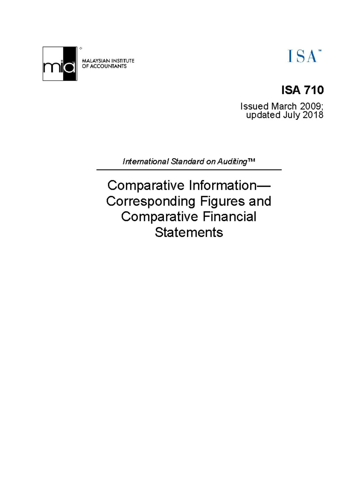 ISA 710 - Lecture Notes on Comparative Information in Financial ...