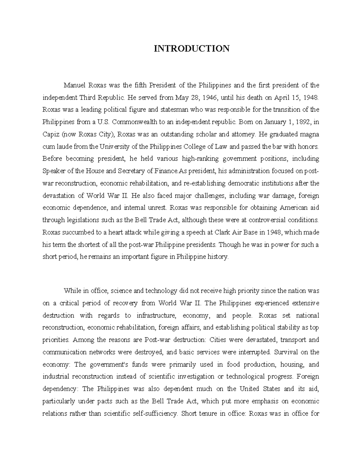 SCIENCE AND TECHNOLOGY UNDER MANUEL ROXAS (HIST 101) - A STUDY OF HIS ...