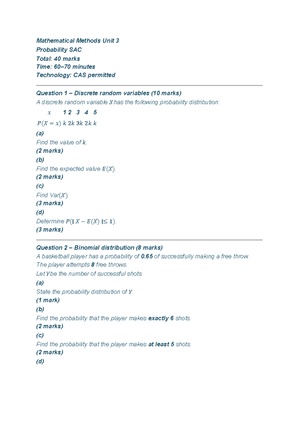 Mathematical Methods Unit 3 Probability Practice SAC Notes - Studocu