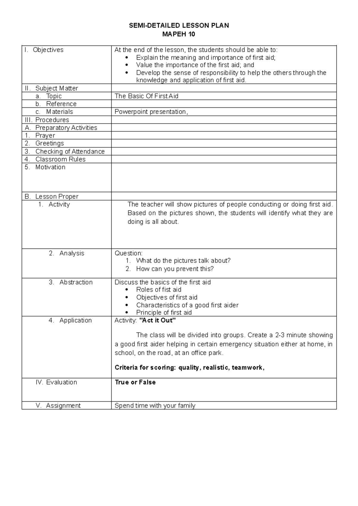 Basic First Aid Lesson Plan for MAPEH 10: Objectives & Activities - Studocu