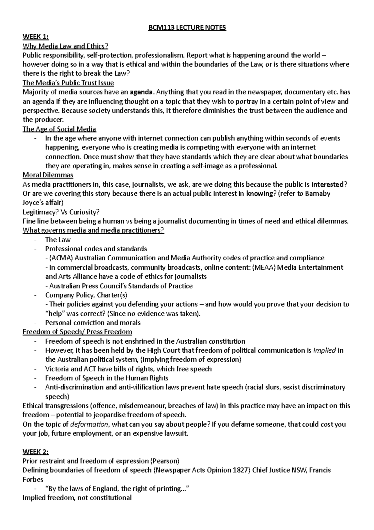 BCM113 Lecture Notes: Media Law and Ethics Overview - Studocu