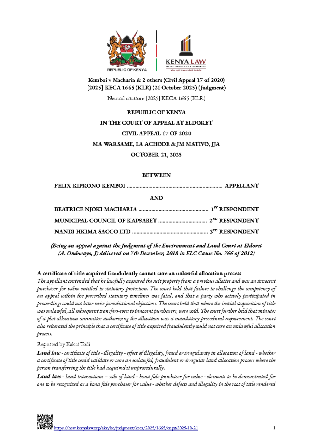 Kemboi v Macharia & Others (Civil Appeal 17 of 2020) KECA 1665 (KLR ...