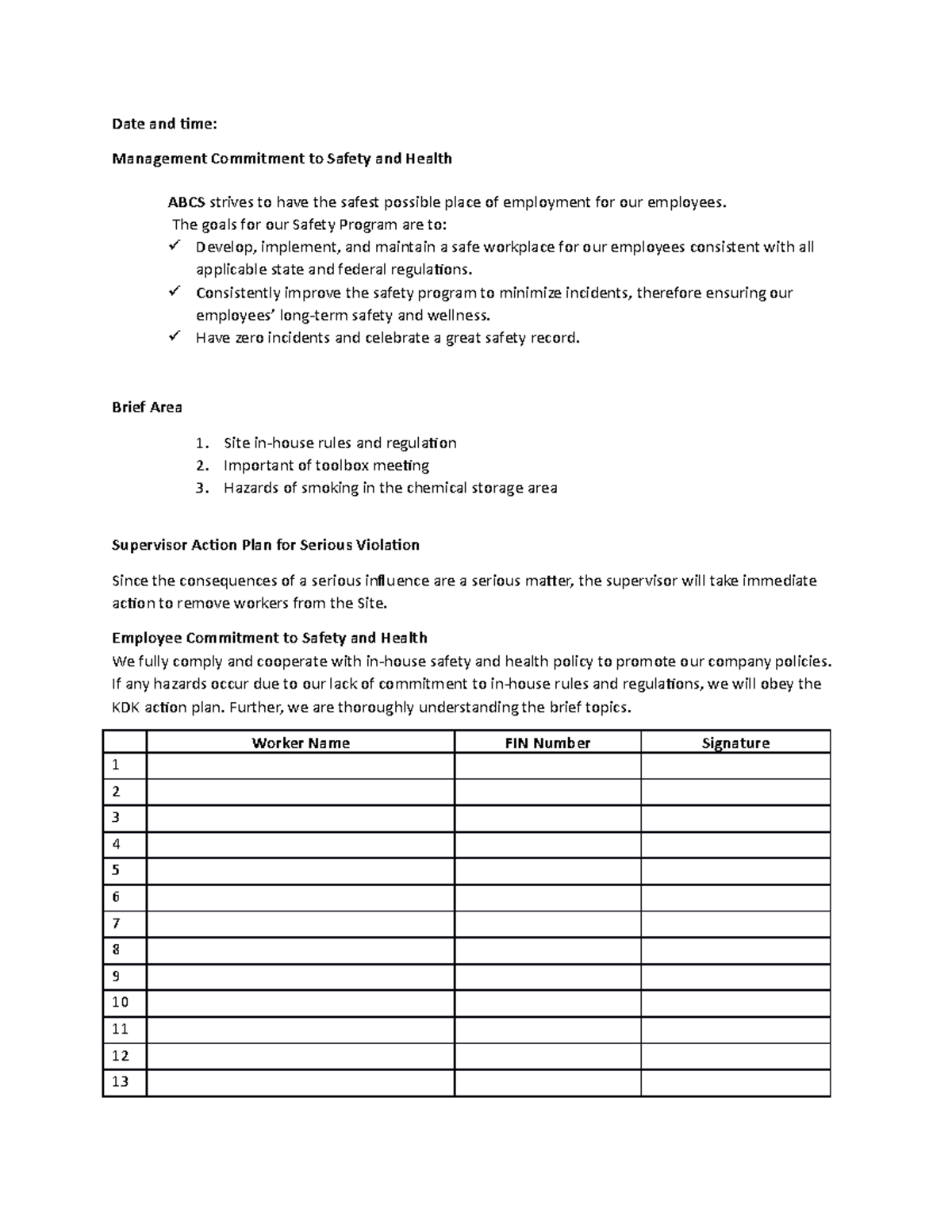 Action Plan for Safety Violations in Workplace Environment - Studocu