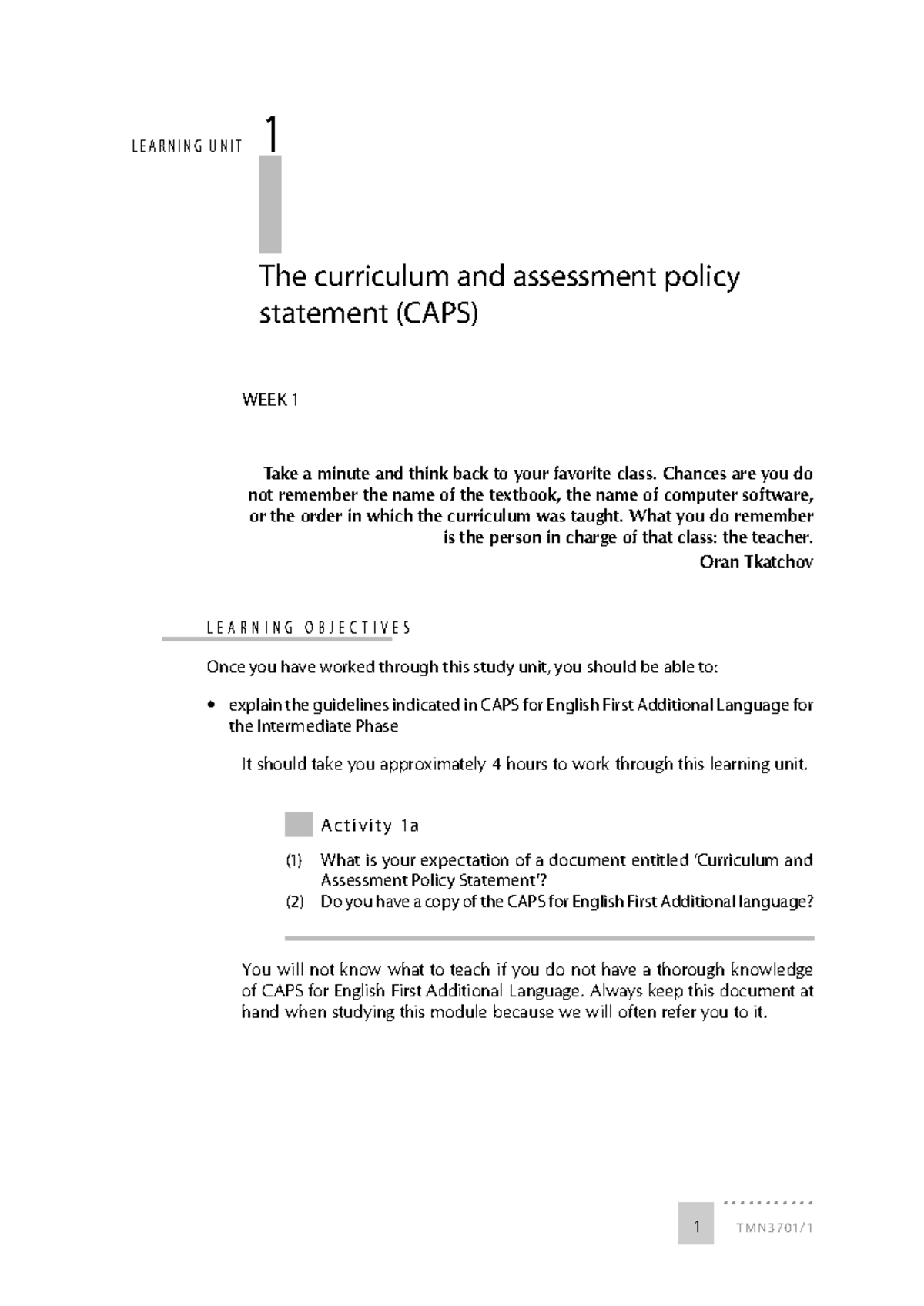 TMN3701 Learning Unit 1: Understanding CAPS for English FAL in IP - Studocu