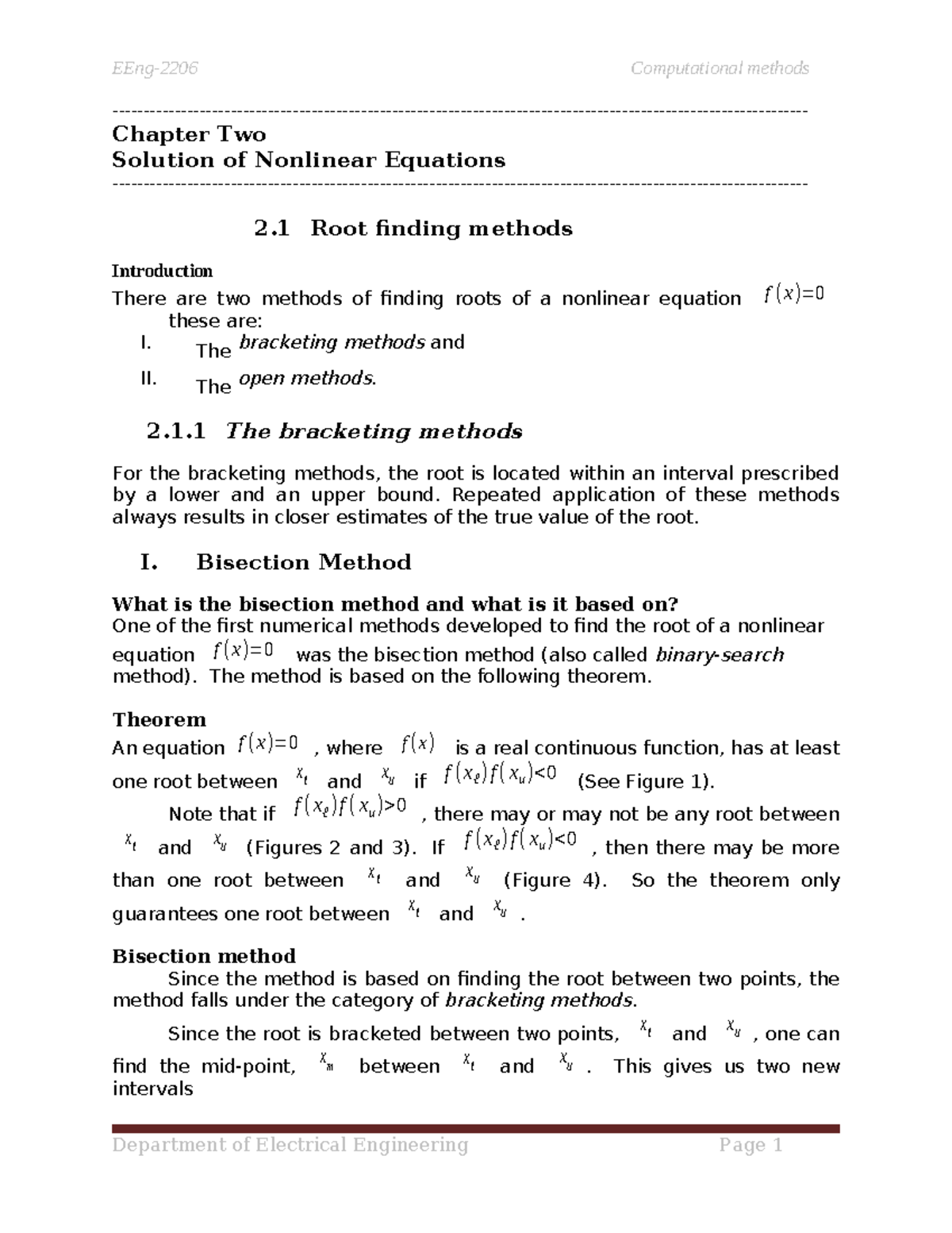 Chapter 2: Solutions of Nonlinear Equations in Computational Methods ...