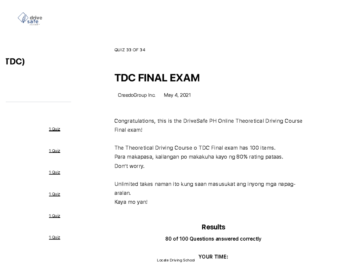 TDC Final Exam: Theoretical Driving Course Overview and Results - Studocu