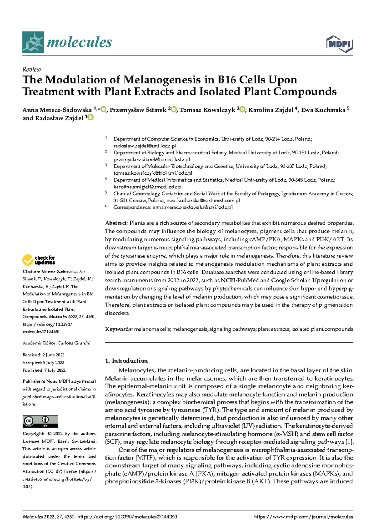 The Modulation of Melanogenesis in B16 Cells Upon Treatment with Plant ...
