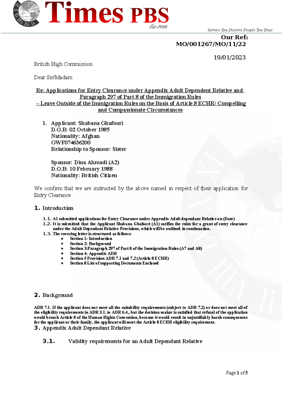 Shabana Ghafoori Entry Clearance Cover Letter Draft - MO/001267/MO/11 ...