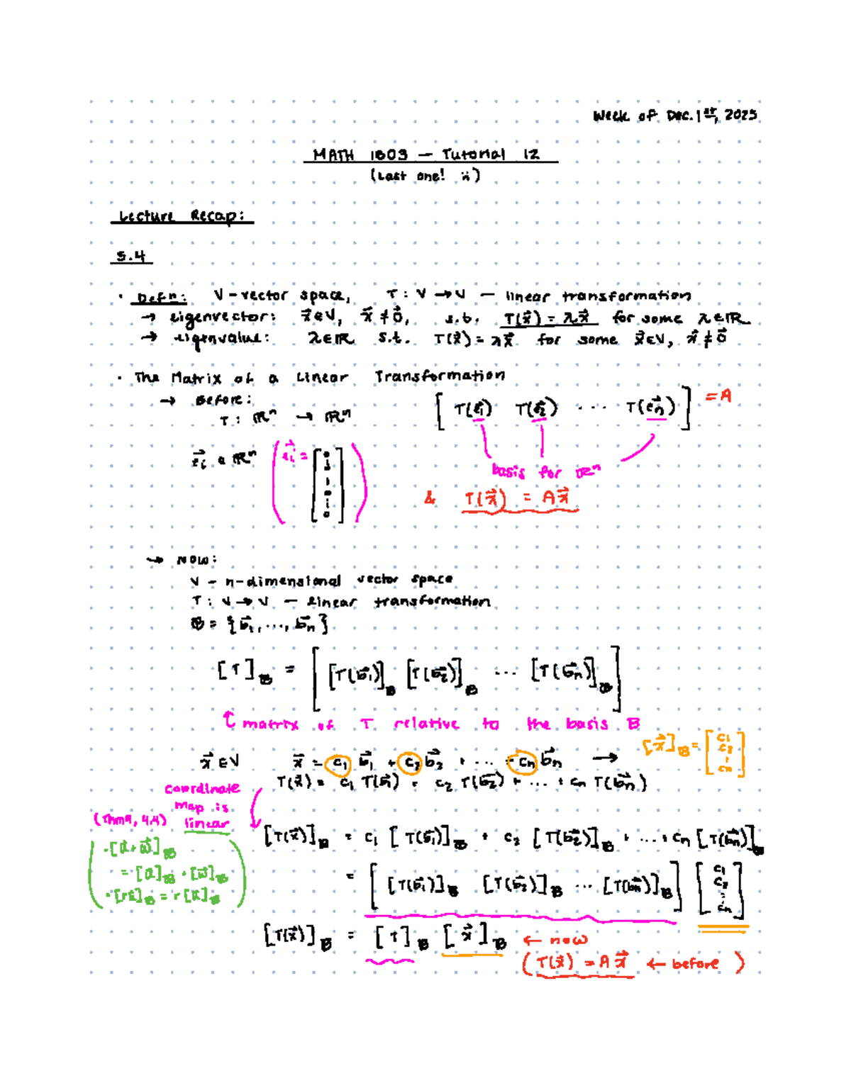 MATH 1803 — Tutorial 12 Recap: Linear Transformations & Subspaces - Studocu