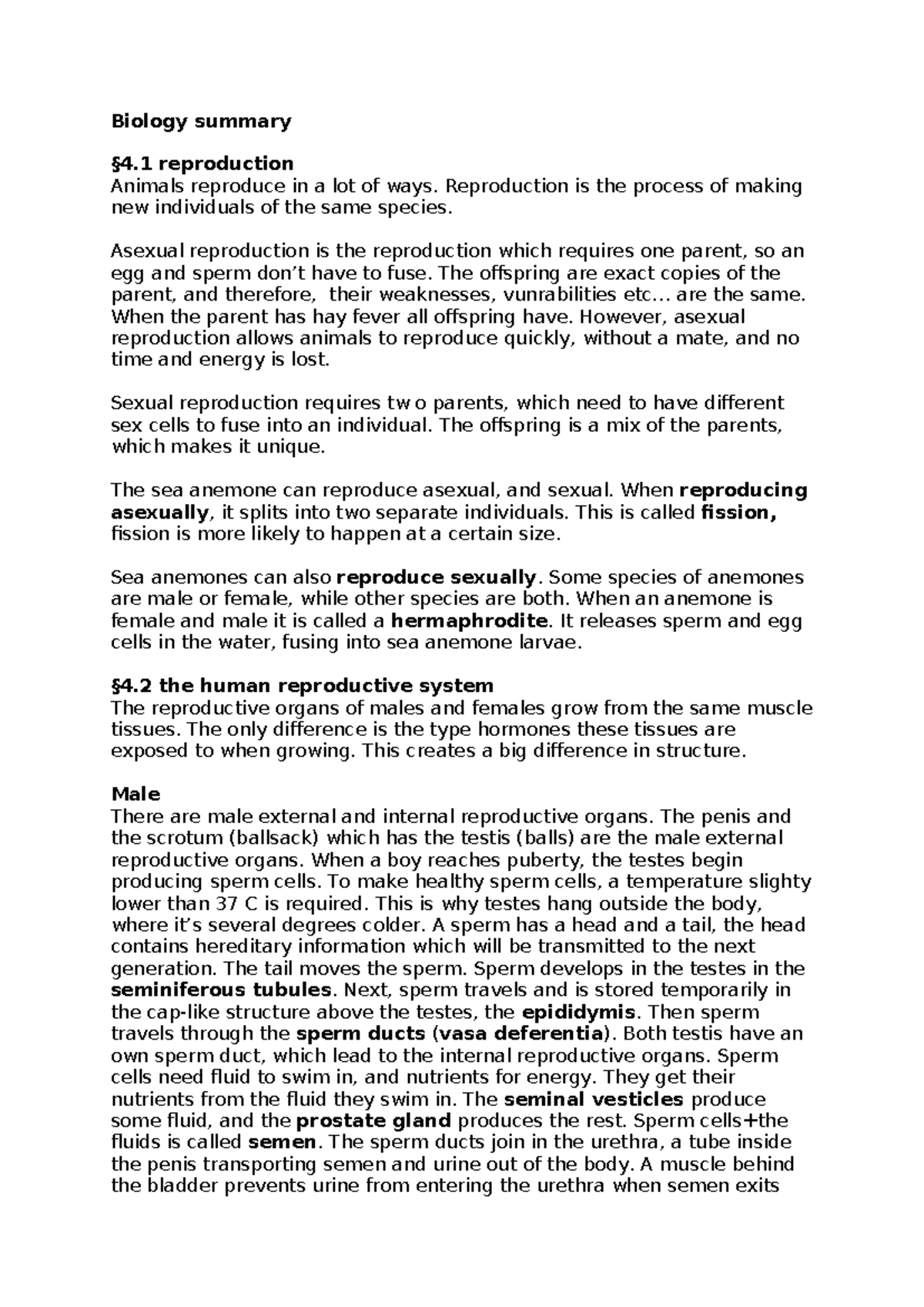 Biology Summary: Chapter 4 - Reproduction and Hormonal Systems ...