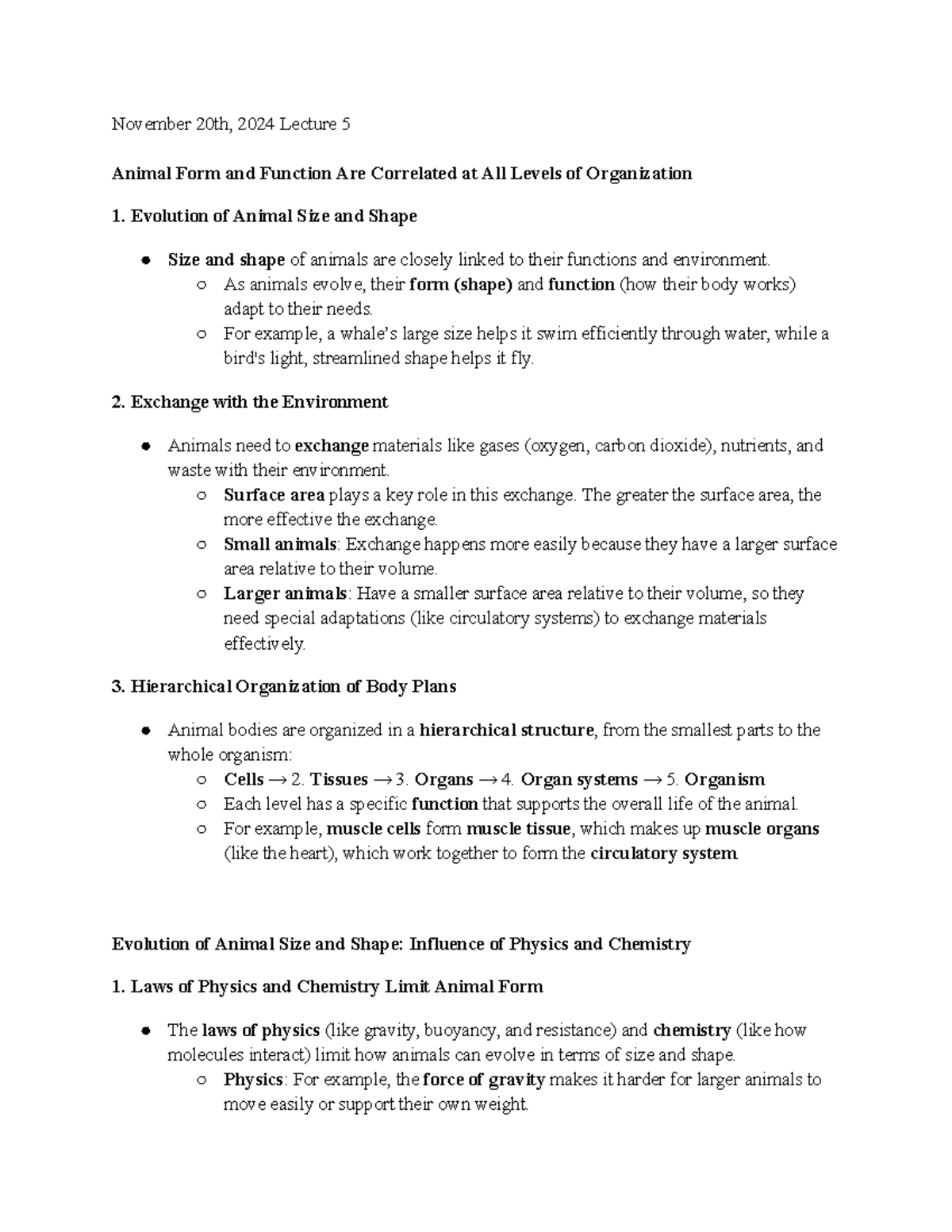 Unit 4 Bio - Lecture 5 Notes on Animal Form & Function - Studocu