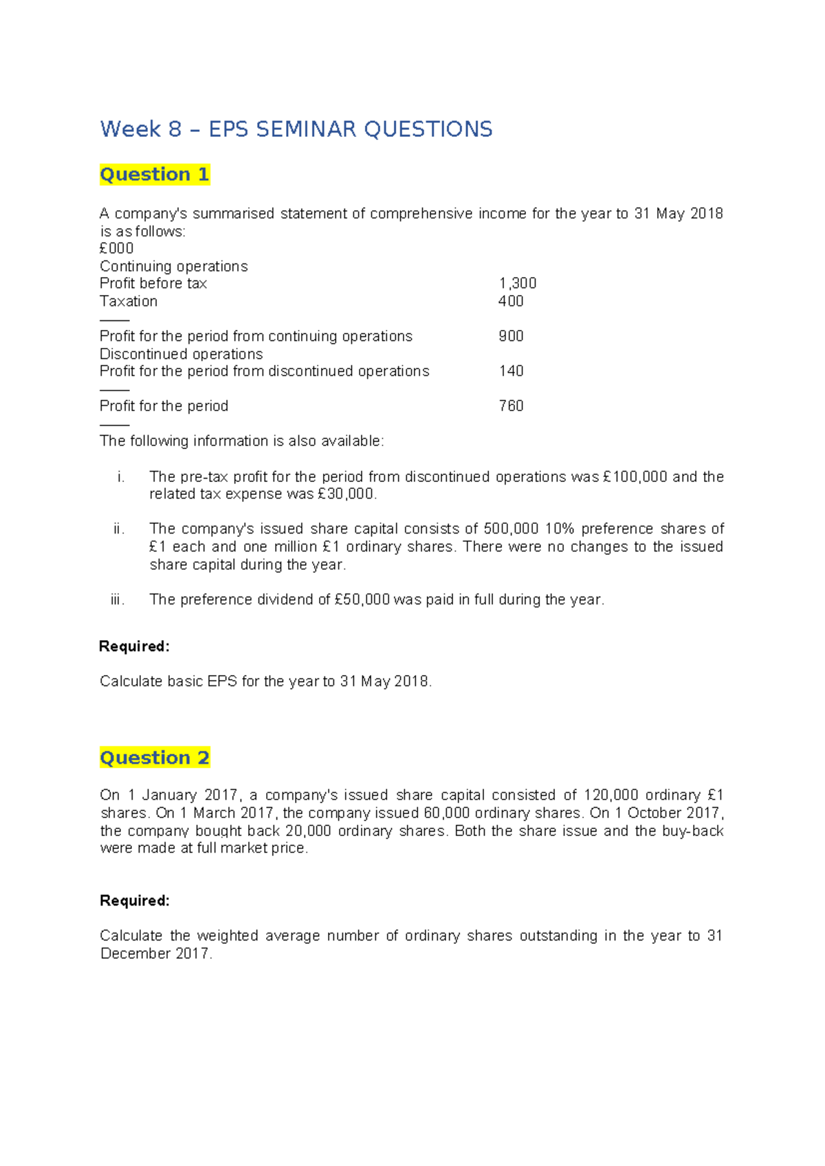 WEEK 8 EPS Seminar Questions and Calculations for 2018 - Studocu