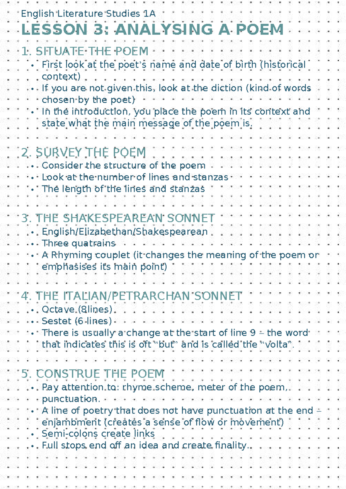 ELS 1A Lesson 3: Analyzing a Poem - Key Concepts and Techniques - Studocu