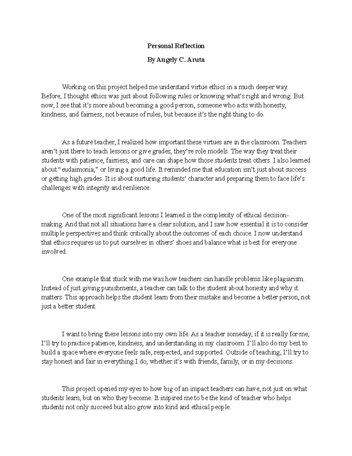 Personal Reflection - Ethics - Personal Reflection By Angely C. Aruta ...