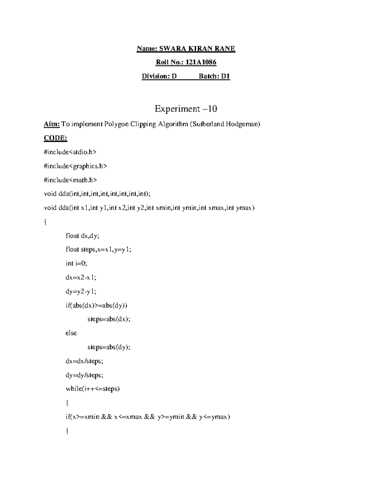 EXP 10 121A1086 CG LAB - Computer graphics - Name: SWARA KIRAN RANE ...