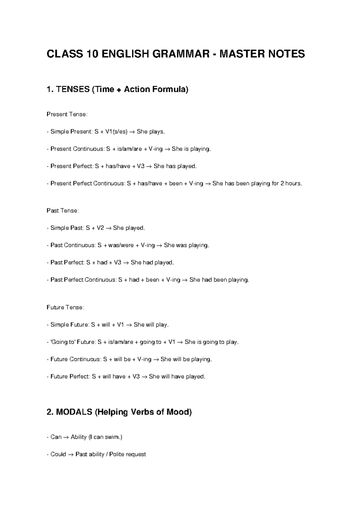 Class 10 English Grammar Master Notes: Tenses, Modals & Voice - Studocu