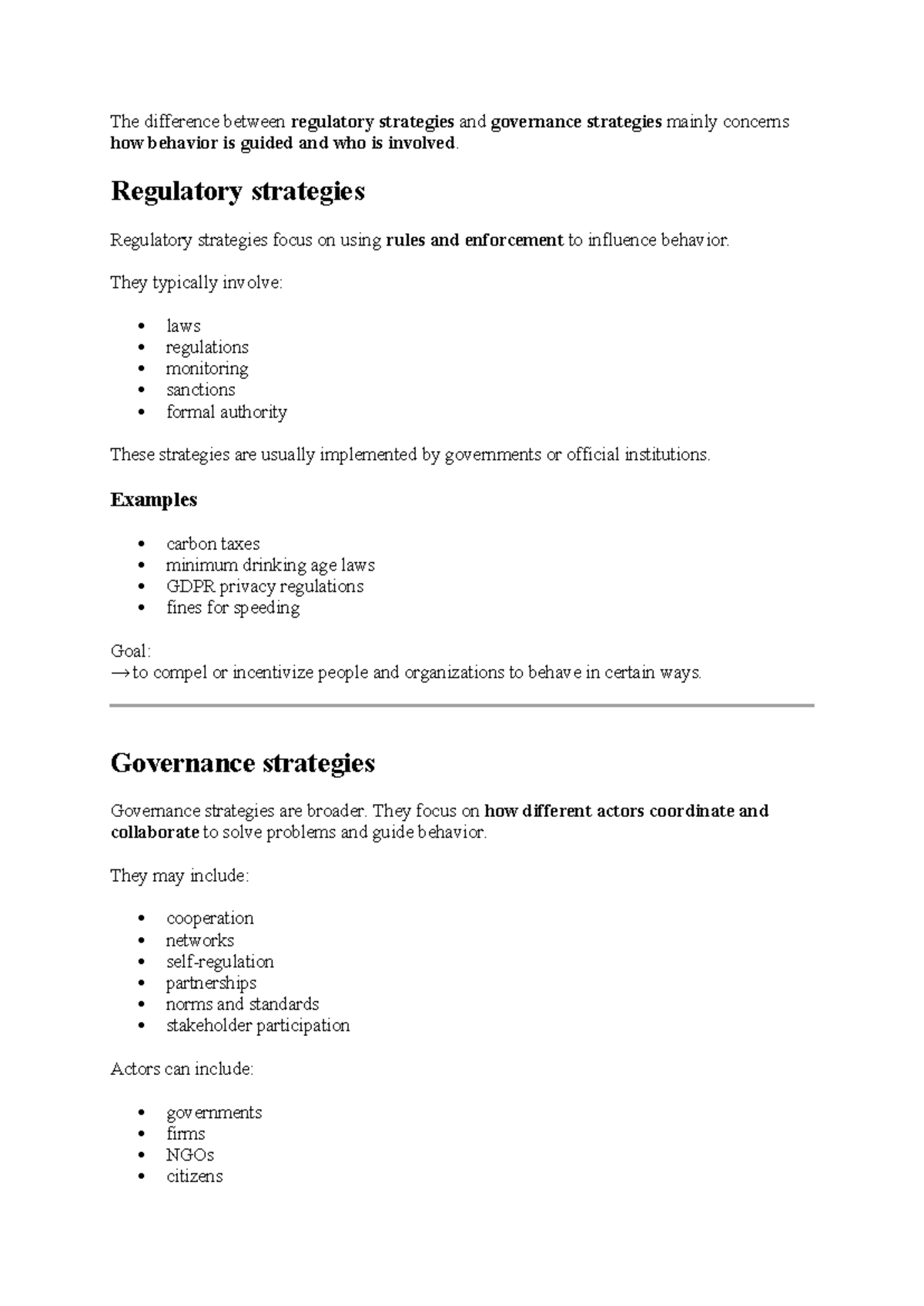 Differences Between Regulatory and Governance Strategies - Studeersnel