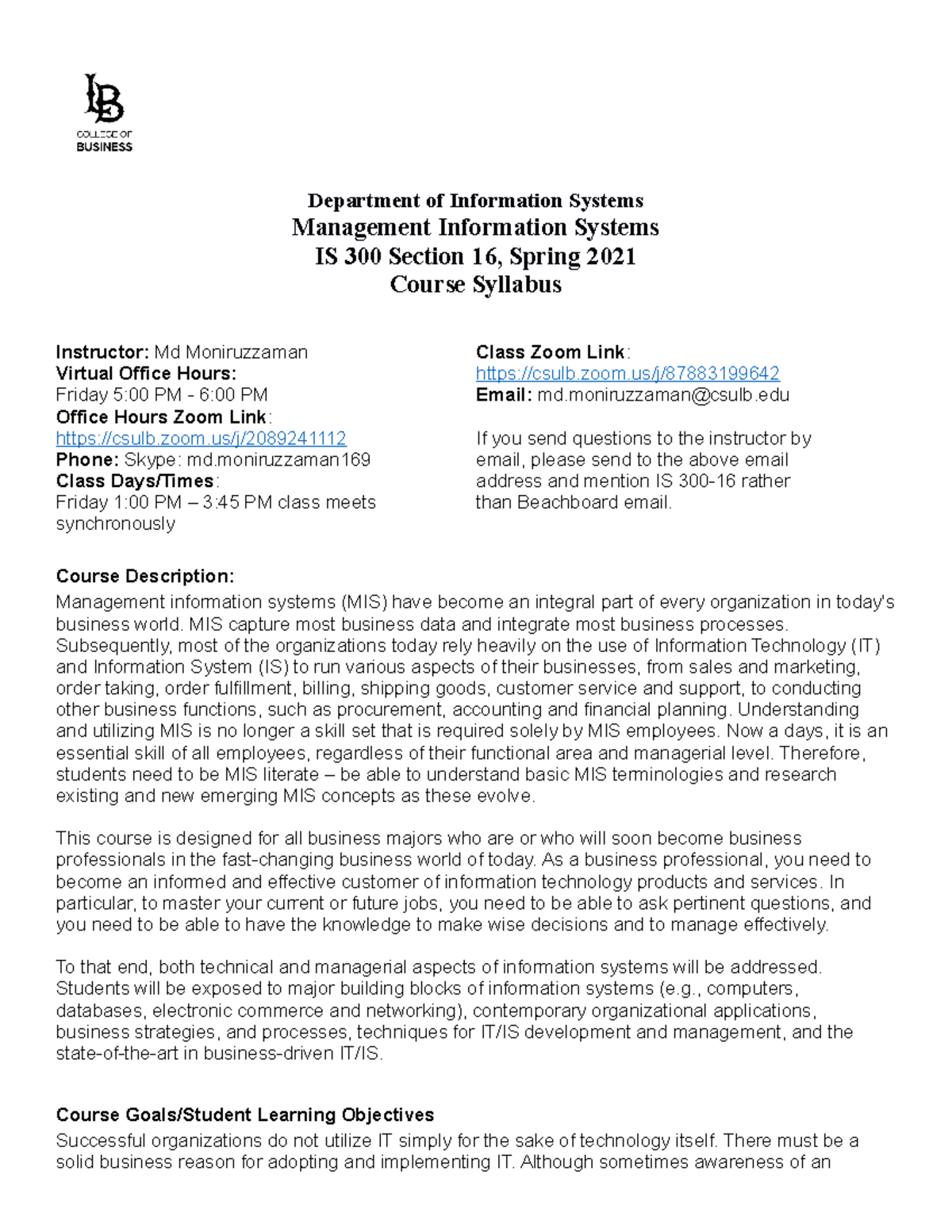 Syllabus for Management Information Systems IS 300 - Spring 2021 - Studocu