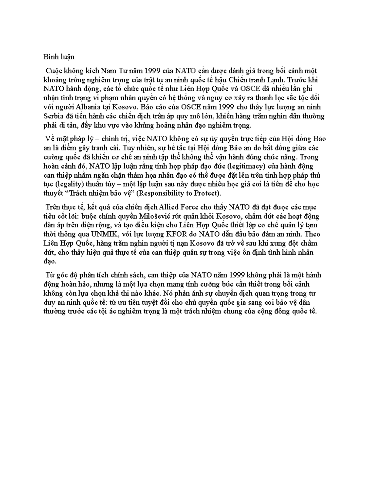 Bình luận về Cuộc không kích Nam Tư năm 1999 của NATO: Bối cảnh và Hệ ...