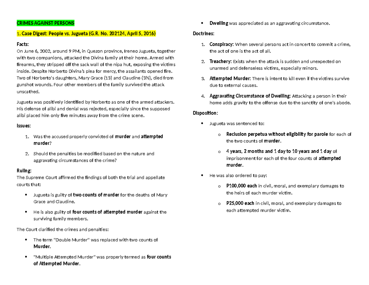 CRIMES AGAINST PERSONS 1: Case Digests and Legal Rulings Summary - Studocu