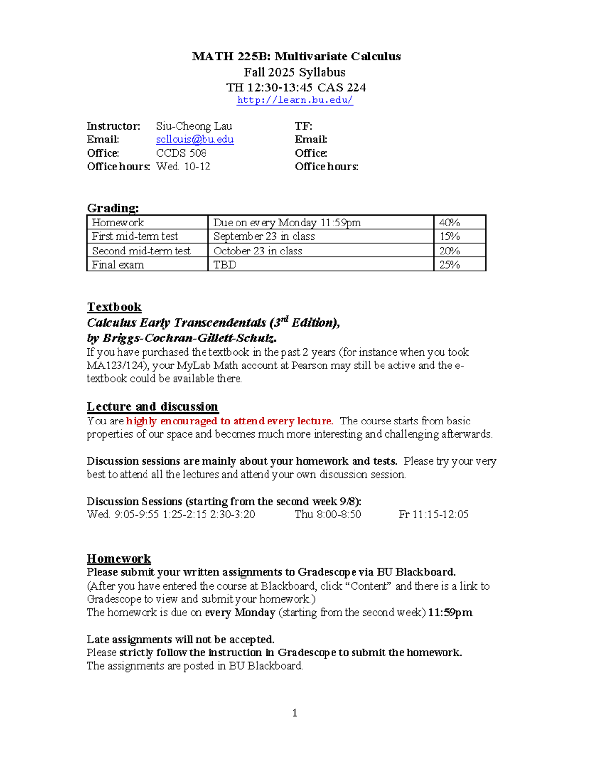 MATH 225B: Fall 2025 Multivariate Calculus Syllabus & Info - Studocu