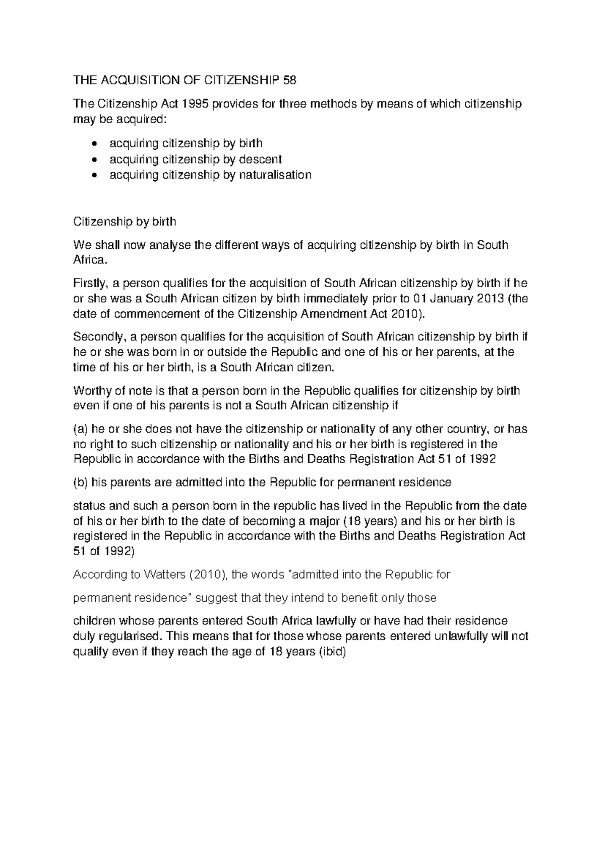 SA Citizenship Acquisition: Birth Rights Analysis and Framework - Studocu