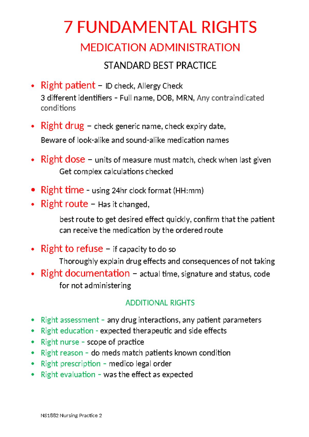 7 Fundamental Rights of Medication Administration Guide NS1882 - Studocu