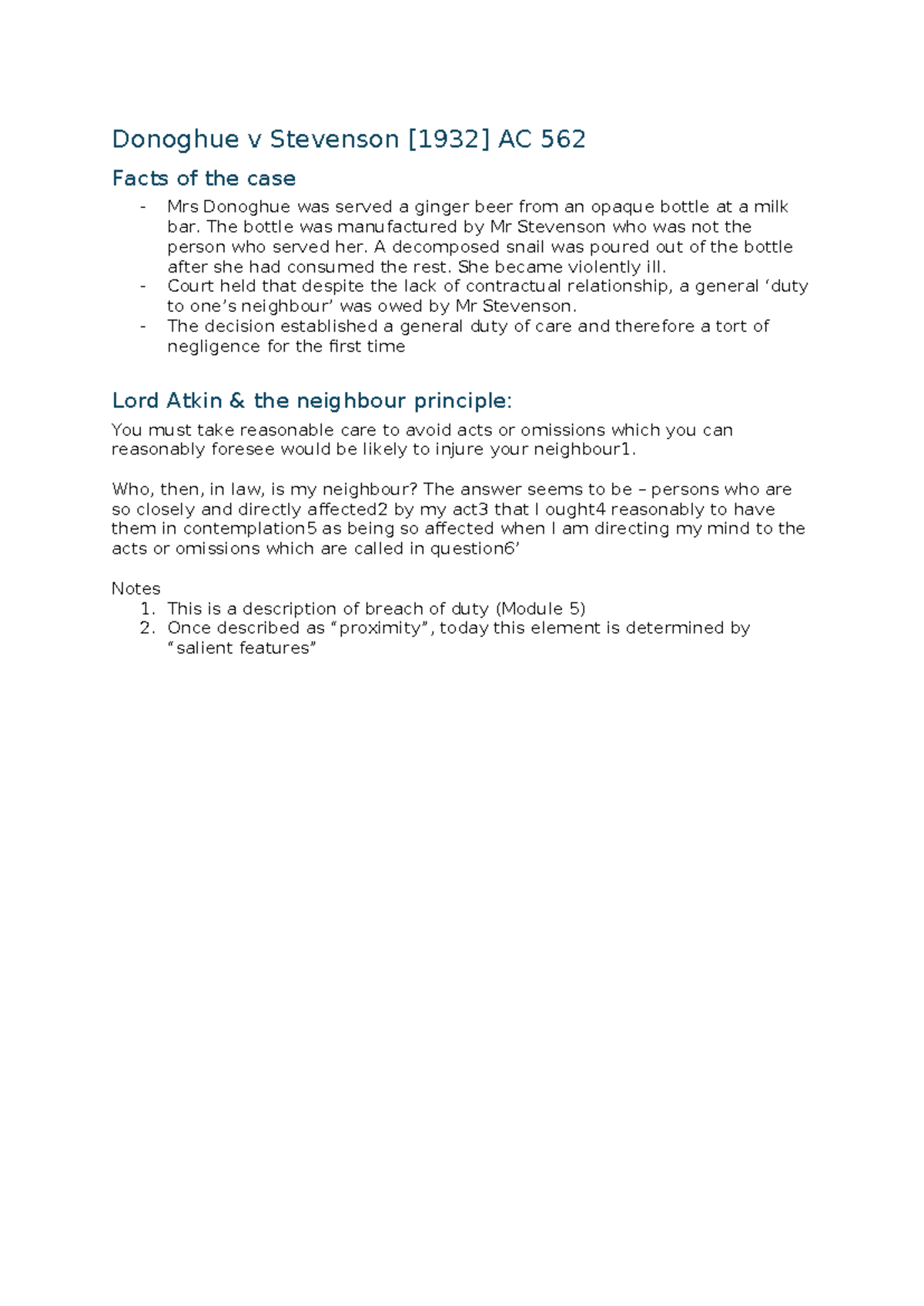 Donoghue v Stevenson Case Study: Duty of Care & Negligence - Studocu
