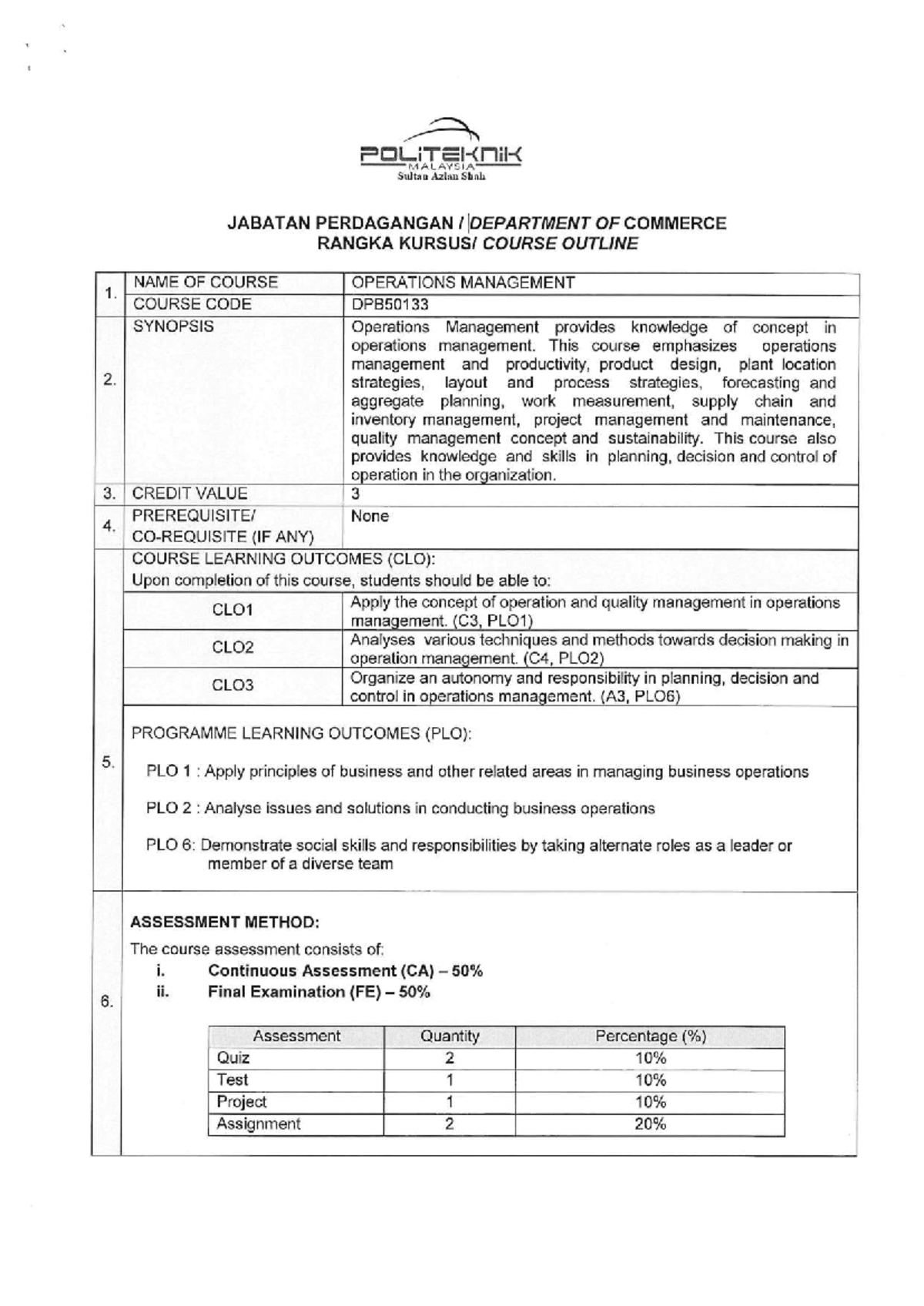 Course Outline for Operations Management (DPB50133) - Semester 1 2021/ ...
