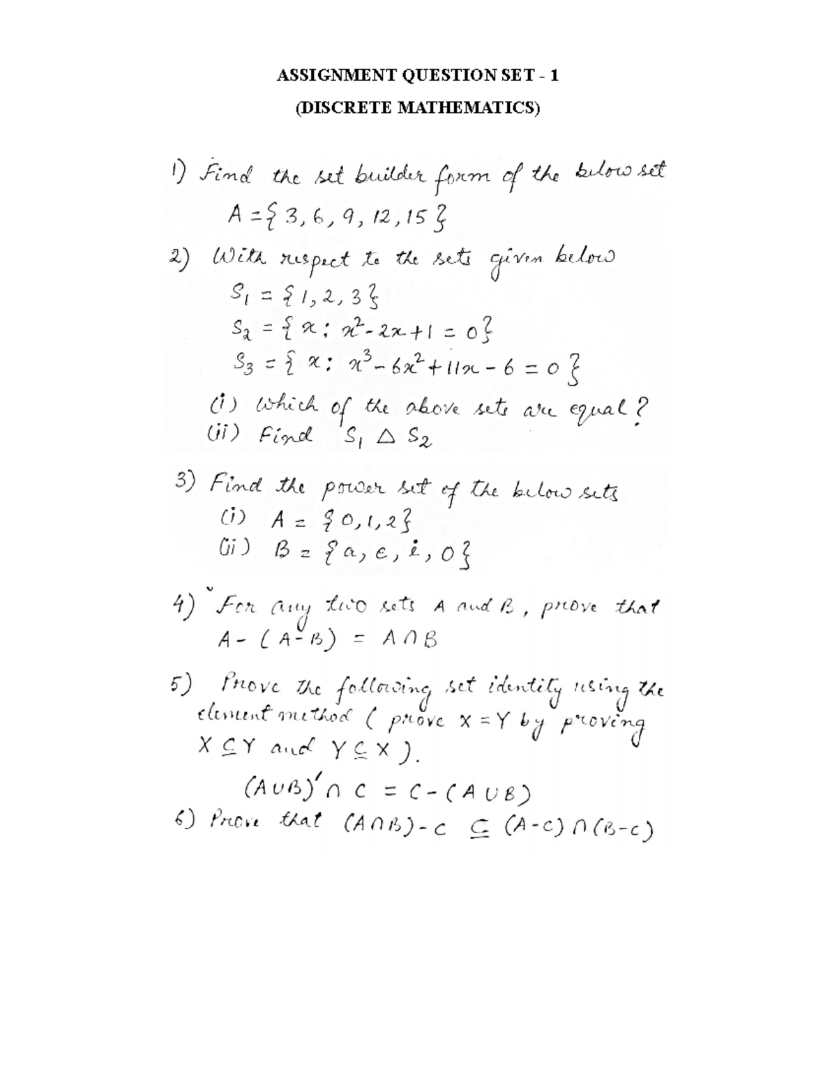 DM 101 Assignment Question Set 1 - Discrete Mathematics - Studocu