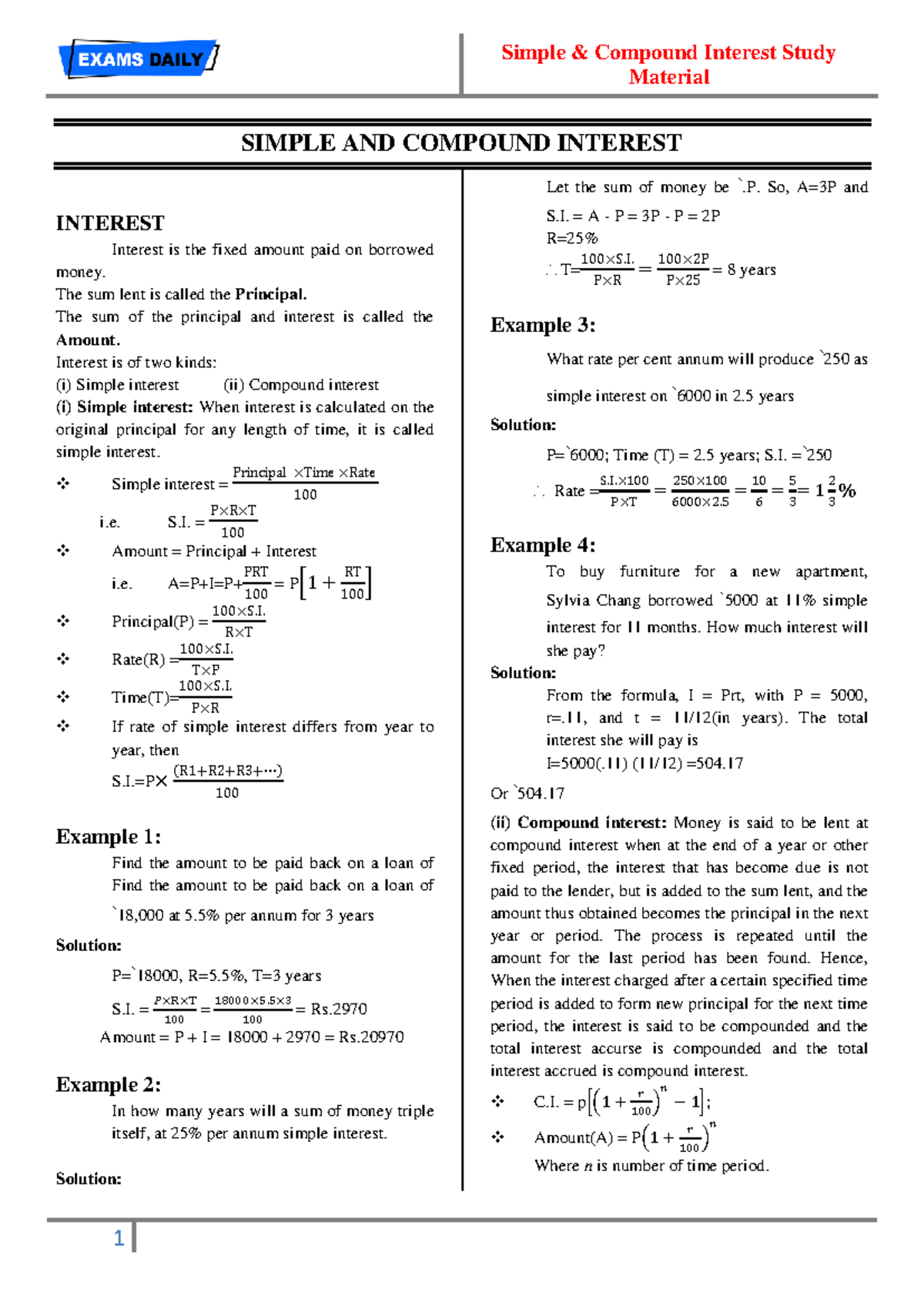 SIMPLE AND COMPOUND INTEREST STUDY MATERIAL (MATH101) - Studocu