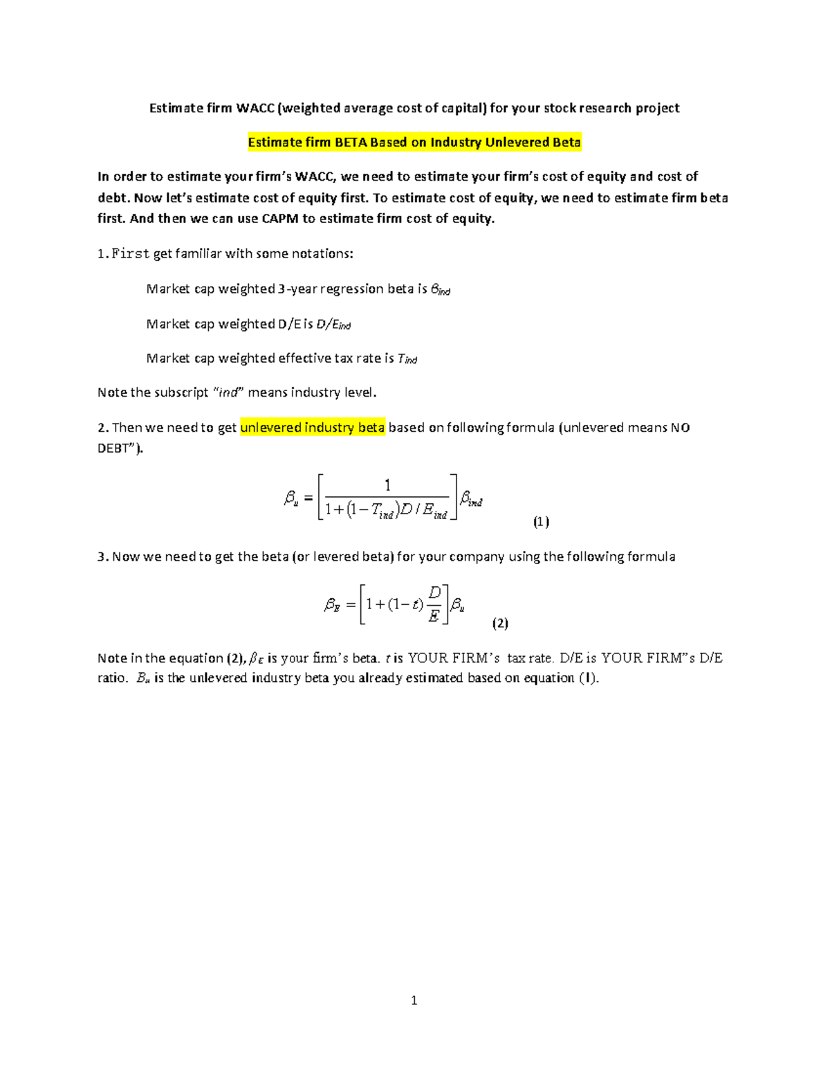 BETA Estimation Notes for WACC Calculation in Stock Research Project ...