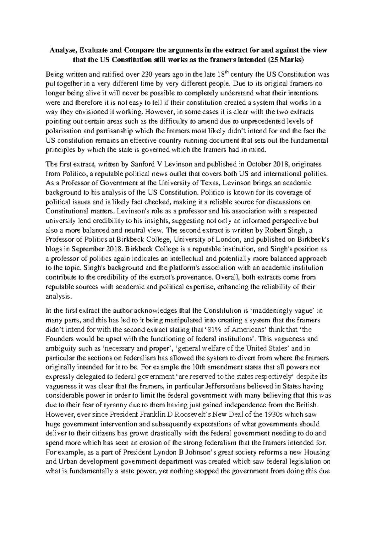 US Constitution Analysis: Evaluating Framers' Intentions (25 Marks ...