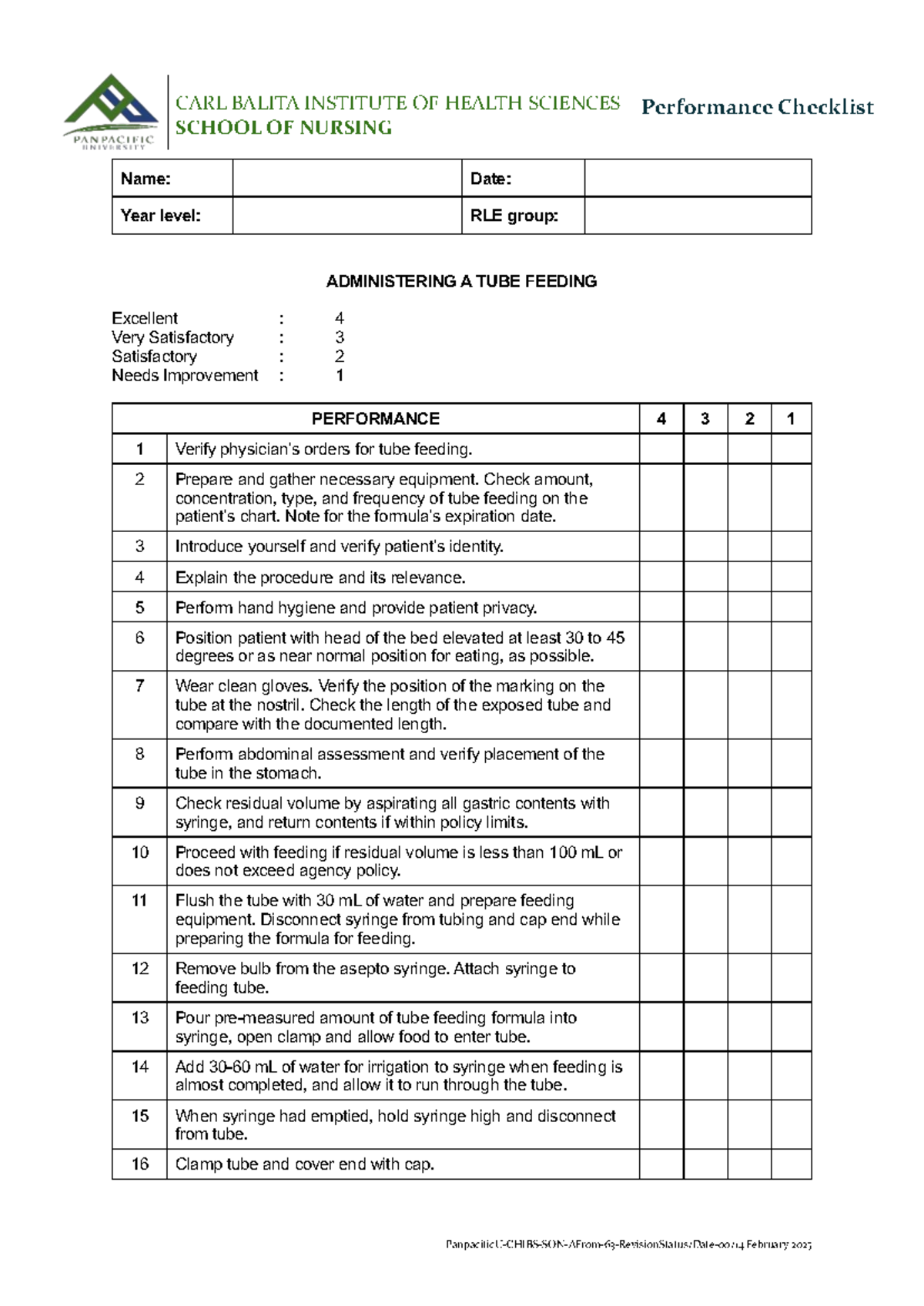 RLE Performance Checklist: Administering Tube Feeding - Nursing 101 ...