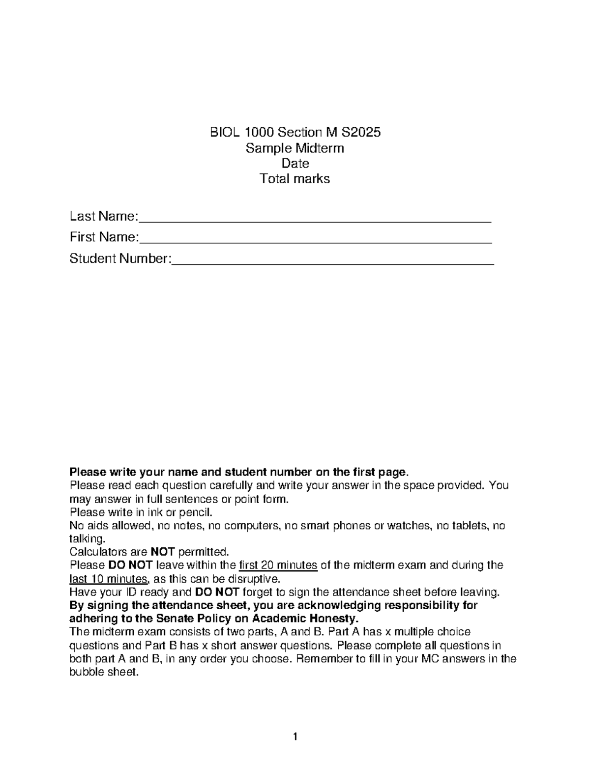 BIOL 1000 S25 - Sample Midterm Exam with Instructions and Questions ...
